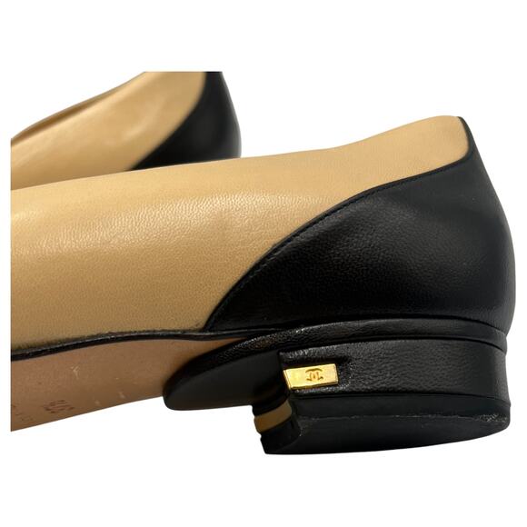 Chanel Interlocking CC Logo Cap Toe Ballet Flats Shoes Beige Black 37.5 US 7.5 - Picture 5 of 10